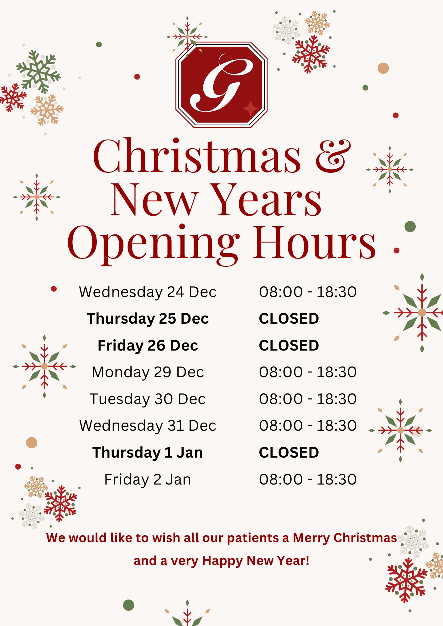 Surgery Opening Hours over the festive period.