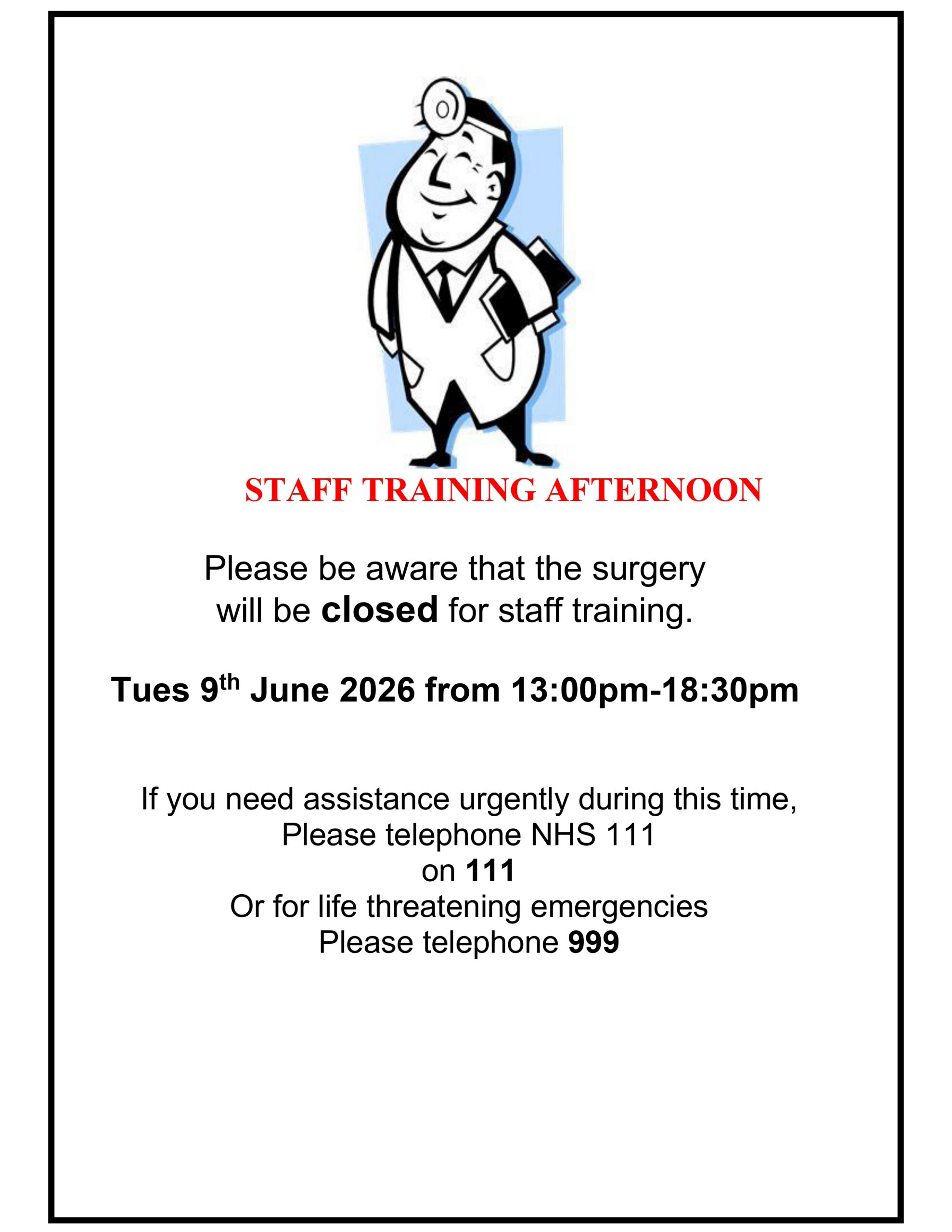 Staff Training Afternoon - Tuesday 9th June 2026 13:00pm-18:30pm
